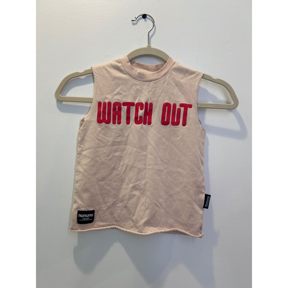 NUNUNU Muscle Tee Kids Size 4-5Y Powder Pink Watch Out Graphic Sleeveless Tank